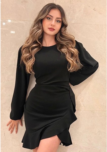 Kadın Uzun Kollu Bisiklet Yaka Önden Volanlı Ithal Krep Elbise fiyatları