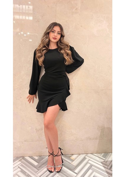 Kadın Uzun Kollu Bisiklet Yaka Önden Volanlı Ithal Krep Elbise fırsatları