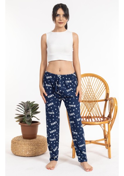 Kadın Love Desenli Süettek Alt Lacivert