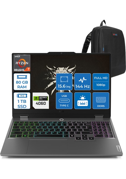 Loq Amd Ryzen 7 8845HS 80GB Ddr5 1tb SSD 8GB/RTX4060/115W Windows 11 Pro 15.6" Fhd IPS 144Hz Yapay Zeka Destekli Taşınabilir Bilgisayar L83DX0094TRP26 + Zettaçanta