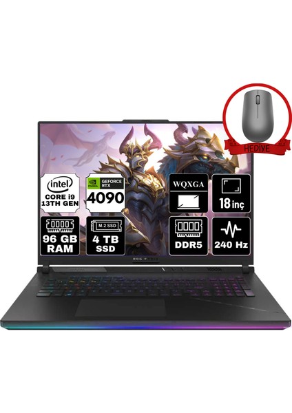 Rog Strıx Scar G18 Intel Core I9-13980HX 96GB 4tb SSD RTX4090/16GB 18" Wqxga 240Hz W11P Taşınabilir Bilgisayar G814JY-N6041-A96 & Anzar Mouse