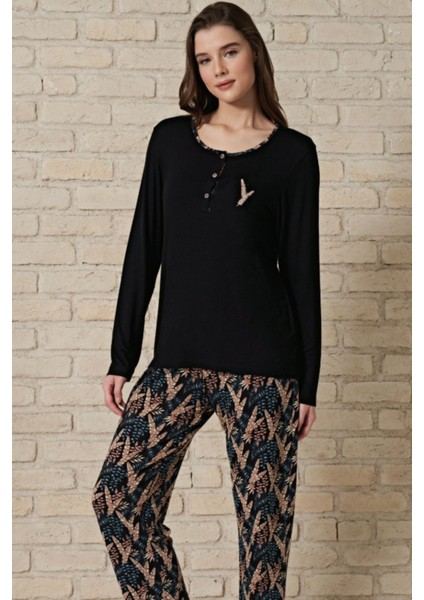 Kadın Siyah Uzun Kollu Pijama Takımı 1708