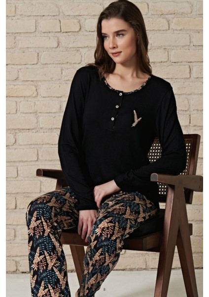 Kadın Siyah Uzun Kollu Pijama Takımı 1708