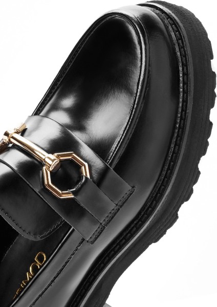 Kadın Siyah Tokalı Deri Maskülen Loafer 24WFD189122