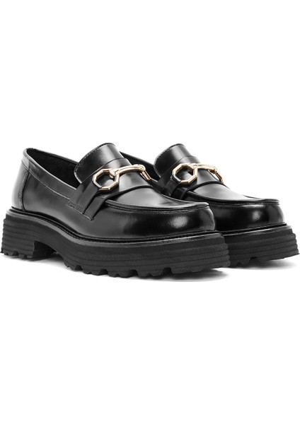 Kadın Siyah Tokalı Deri Maskülen Loafer 24WFD189122 modelleri
