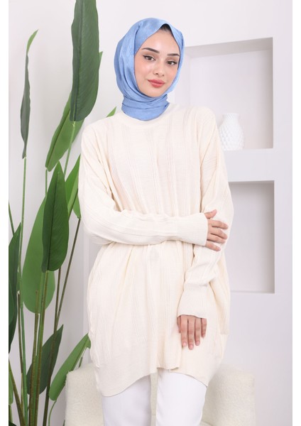 Krem Bisiklet Yaka Merserize Salaş Triko Tunik