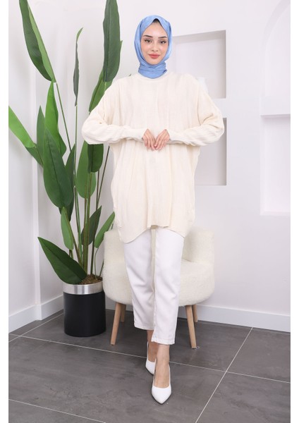 Krem Bisiklet Yaka Merserize Salaş Triko Tunik fiyatları