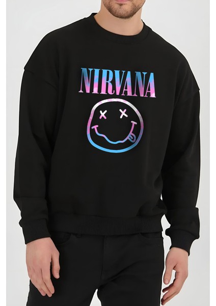 Nirvana Müzik Baskılı Siyah Unisex Kadın Erkek Pamuklu Sweatshirt CU79