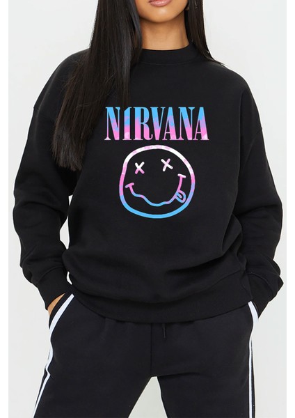 Nirvana Müzik Baskılı Siyah Unisex Kadın Erkek Pamuklu Sweatshirt CU79 fiyatları
