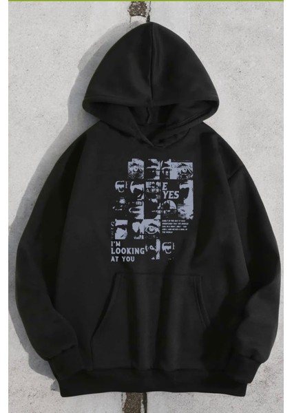 Büyük Beden Özel Tasarım Kapüşonlu Looking Karma Baskılı Modern Battal Erkek Sweatshırt
