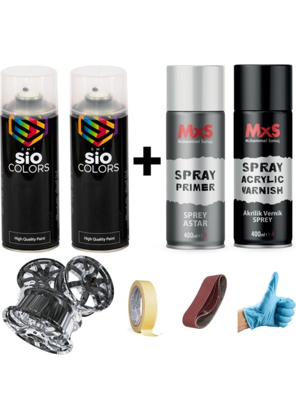 Jant-Spolier Boya Seti 2 Adet Sprey + Astar + Vernik + Zımpara + Bant + Eldiven Sprey Boya 400 ml
