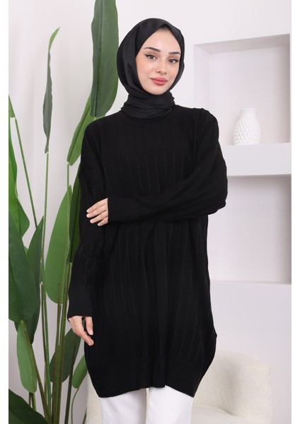 Siyah Bisiklet Yaka Merserize Salaş Triko Tunik