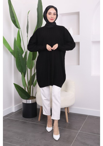 Siyah Bisiklet Yaka Merserize Salaş Triko Tunik fiyatları