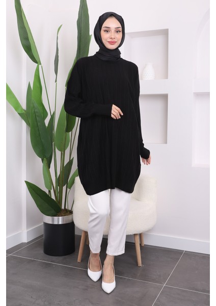 Siyah Bisiklet Yaka Merserize Salaş Triko Tunik modelleri