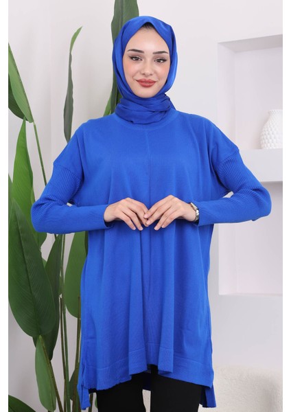 Saks Mavi Bisiklet Yaka Merserize Salaş Triko Tunik
