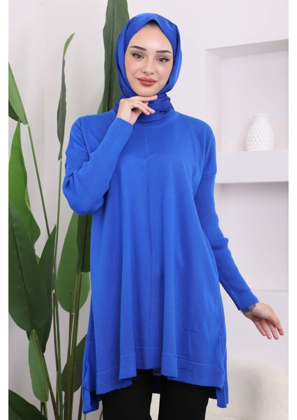 Saks Mavi Bisiklet Yaka Merserize Salaş Triko Tunik