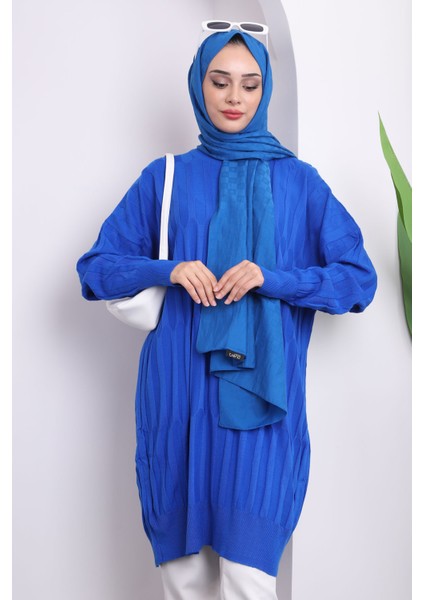 Saks Mavi Bisiklet Yaka Merserize Salaş Triko Tunik