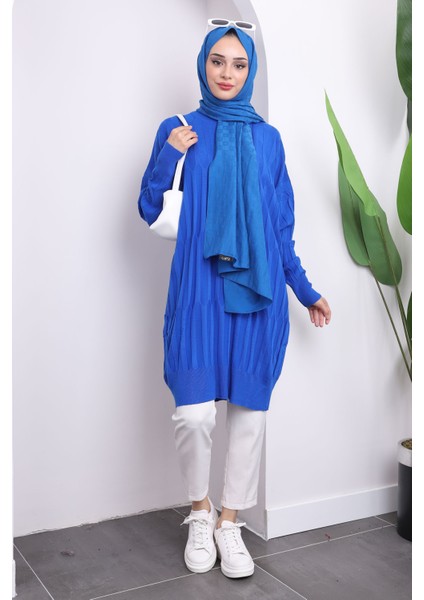 Saks Mavi Bisiklet Yaka Merserize Salaş Triko Tunik