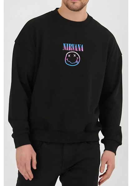 Nirvana Müzik Baskılı Siyah Kadın Erkek Pamuklu Sweatshirt Cu78