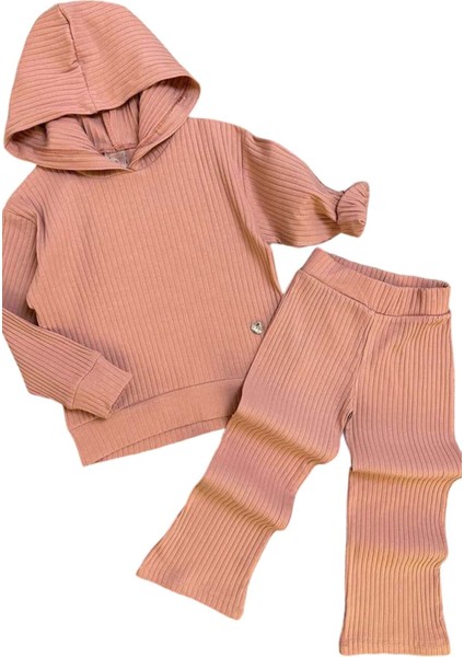 Kız Çocuk Kapüşonlu Sweatshirt Beli Lastikli Fitilli Pudra Alt Üst Takım
