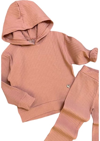 Kız Çocuk Kapüşonlu Sweatshirt Beli Lastikli Fitilli Pudra Alt Üst Takım