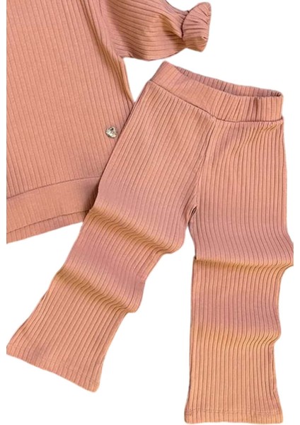 Kız Çocuk Kapüşonlu Sweatshirt Beli Lastikli Fitilli Pudra Alt Üst Takım