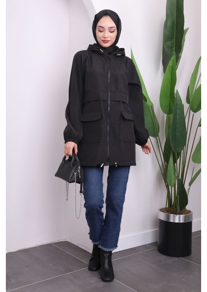 Siyah Kapüşonlu Fermuarlı Kısa Trenç modelleri