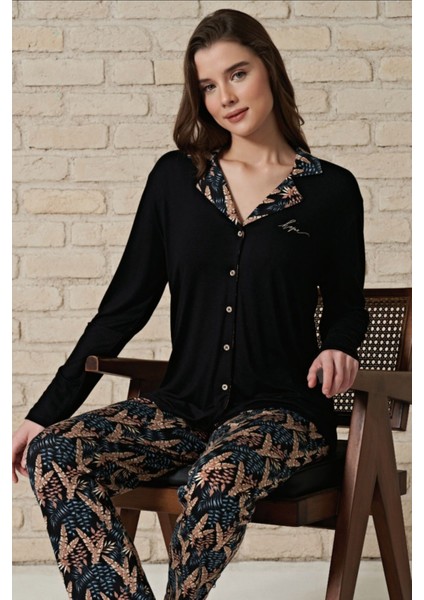 Kadın Siyah Uzun Kollu Boydan Düğmeli Pijama Takımı 1709