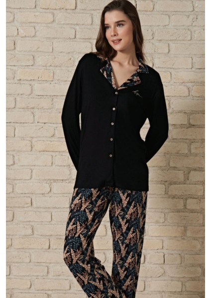 Kadın Siyah Uzun Kollu Boydan Düğmeli Pijama Takımı 1709