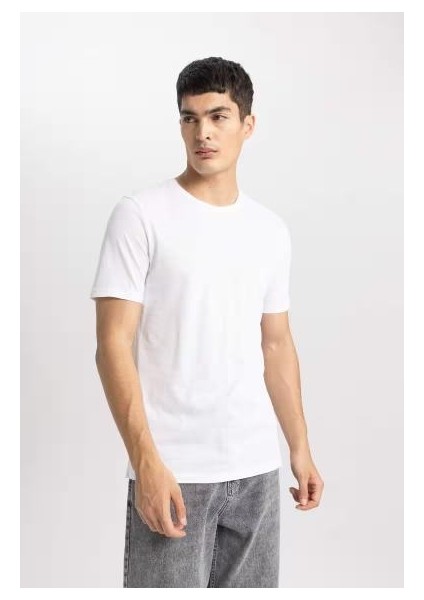 Slim Fit Bisiklet Yaka Kısa Kollu Tişört Whıte