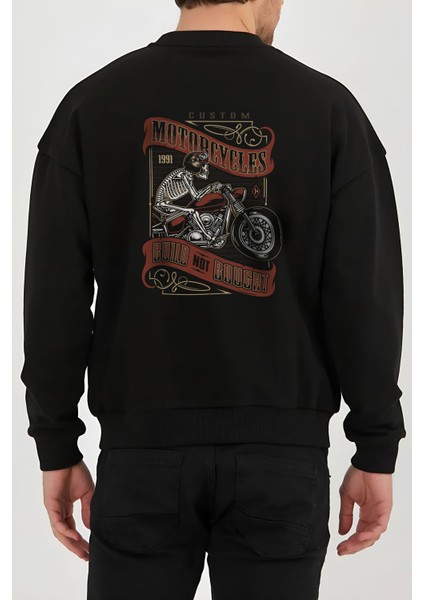Motorcu Kuru Kafa Baskılı Siyah Kadın Erkek Pamuklu Sweatshirt Cu88
