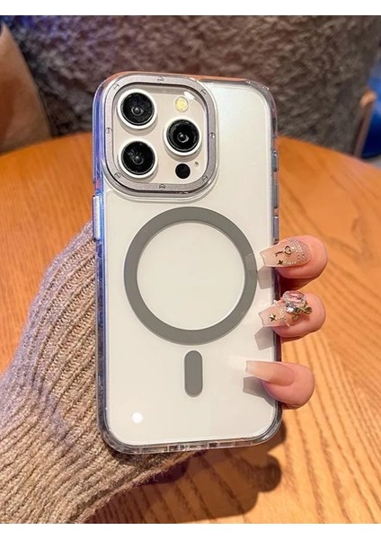 iPhone 16 Pro Uyumlu Darbelere Karşı Korumalı Magsafe Özellikli Gri Detaylı Sararmaz Şeffaf Kılıf