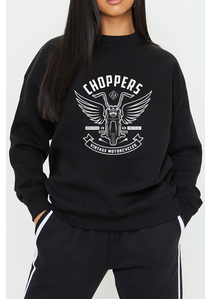 Choppers Motor Baskılı Siyah Kadın Erkek Pamuklu Sweatshirt Cu91