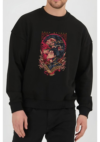 Attack On Titan Eren Anime Baskılı Siyah Kadın Erkek Pamuklu Sweatshirt Cu93