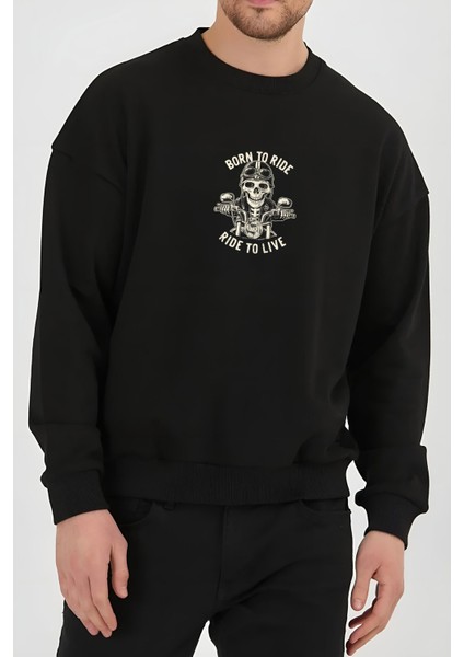 Kuru Kafa Motor Baskılı Siyah Kadın Erkek Pamuklu Sweatshirt Cu89