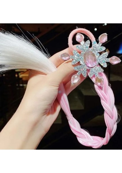 Simli Kar Tanesi Üzeri Büyük Oval Kristal Taş Süslemeli Pembe ve Beyaz Çocuk Lastik Protez Saç