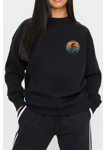 Bisiklet Doğa Baskılı Siyah Kadın Erkek Pamuklu Sweatshirt Cu94