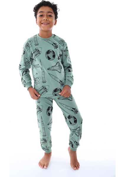 Pamuk Galaksi,gezegen ve Uçak Baskılı Uzun Kollu Erkek Çocuk Pijama Takımı (3,4,5,6,7,8 Yaş)