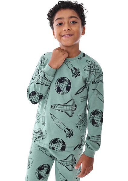 Pamuk Galaksi,gezegen ve Uçak Baskılı Uzun Kollu Erkek Çocuk Pijama Takımı (3,4,5,6,7,8 Yaş)