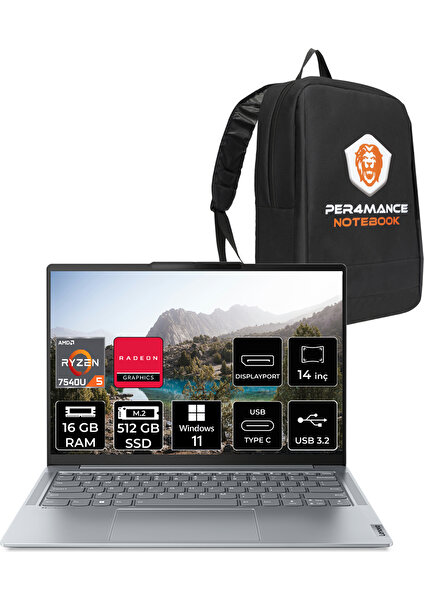 Yoga Slim 6 Amd Ryzen 5 7540U 16GB 512GB SSD 14" Fhd+ W11H Taşınabilir Bilgisayar & Per4 Çanta 82X3004GTXP307