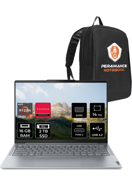 Yoga Slim 6 Amd Ryzen 7 7840U 16GB 2tb SSD 14" Fhd+ Fdos Taşınabilir Bilgisayar & Per4 Çanta 82X3004FTXP304