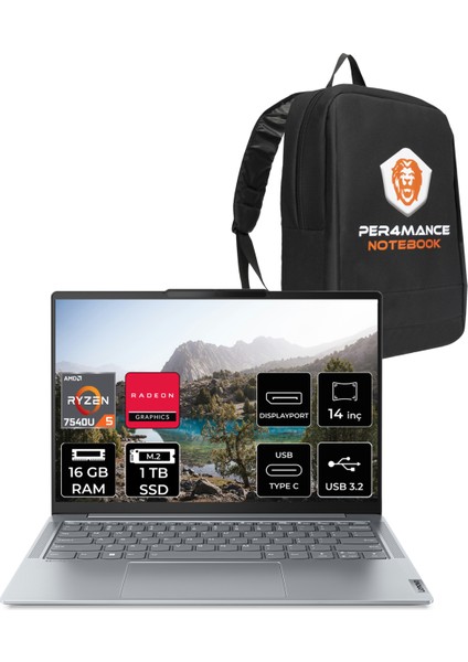 Yoga Slim 6 Amd Ryzen 5 7540U 16GB 1tb SSD 14" Fhd+ Fdos Taşınabilir Bilgisayar & Per4 Çanta 82X3004GTXP303