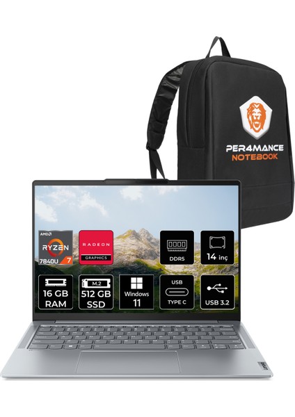 Yoga Slim 6 Amd Ryzen 7 7840U 16GB 512GB SSD 14" Fhd+ W11P Taşınabilir Bilgisayar & Per4 Çanta 82X3004FTXP312