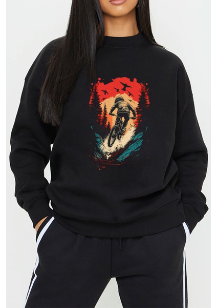 Bisiklet Dağcı Baskılı Siyah Kadın Erkek Pamuklu Sweatshirt Cu101 fiyatları