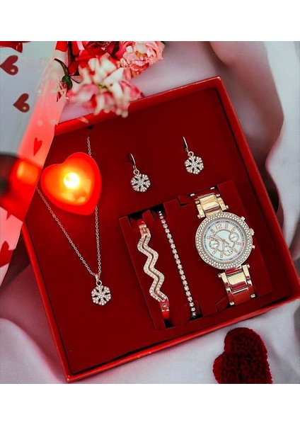 Rose Saat Bileklik ve Küpe Hediyeli Kare Set Kutu