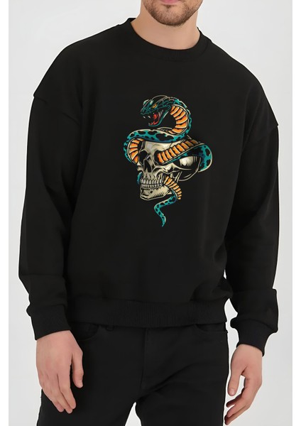 Kuru Kafa Yılan Baskılı Siyah Kadın Erkek Pamuklu Sweatshirt Cu104