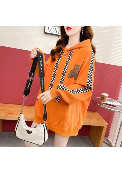 Büyük Beden Özel Tasarım Kapüşonlu 4 Şerit Ayıcık Baskılı Süper Oversize Battal Şık Kadın Sweatshırt fiyatları