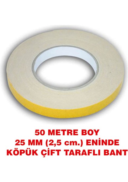 Çift Taraflı Köpüklü Bant 50 Metre Uzunlukta  (25 mm  -2,5 Cm) Eninde