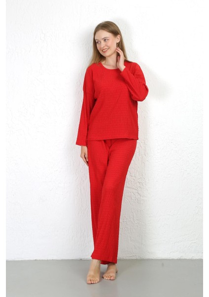 Kadın Bürümcük Kumaş Pijama Takım Kırmızı 4233