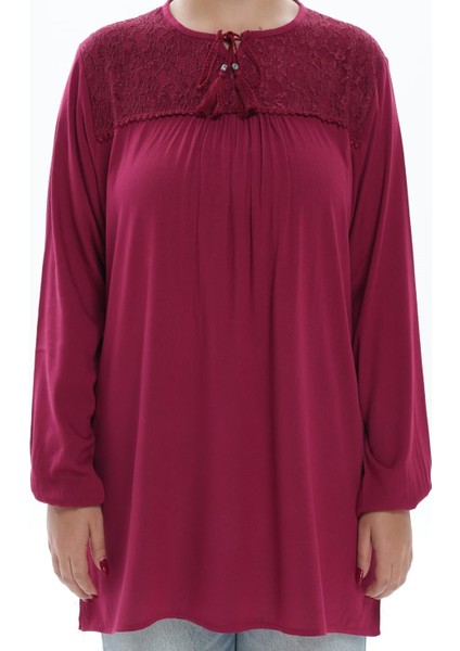 Modasen Yaka Dantelli Bağcıklı Bordo Bürümcük Kadın Bluz